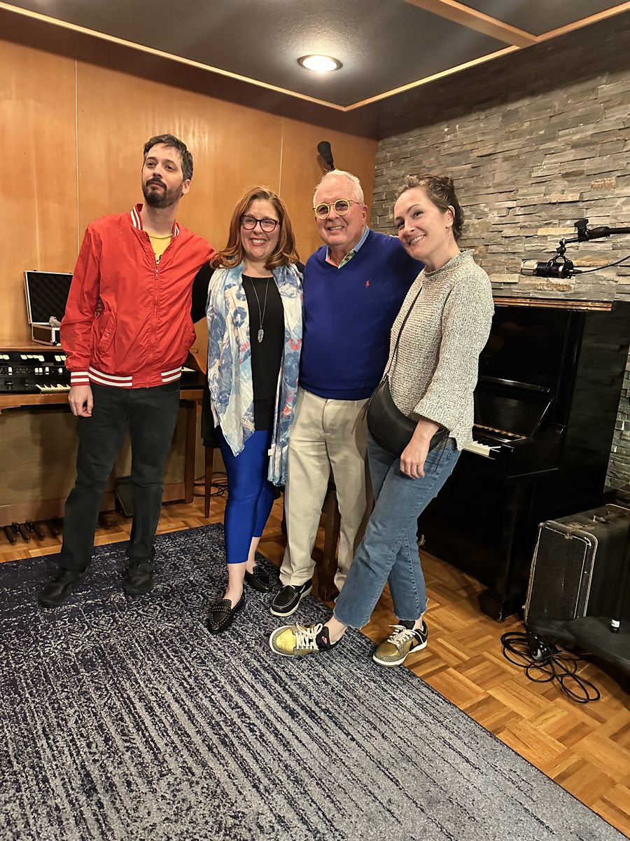 Left to right: engineer Tim O&rsquo;Sullivan, Jenn Quader, Dr. Dennis Michels and Sara Gazarek standing together in front of the studio piano and Hammond organ.
