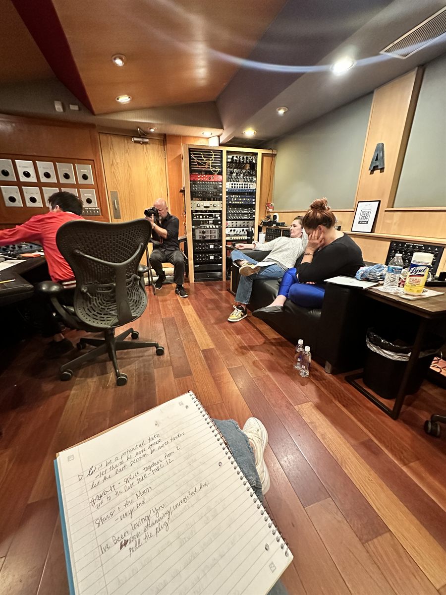 Studio A at LMNL Studios in Santa Monica, with the piano, drum kit and microphones set up for the session.